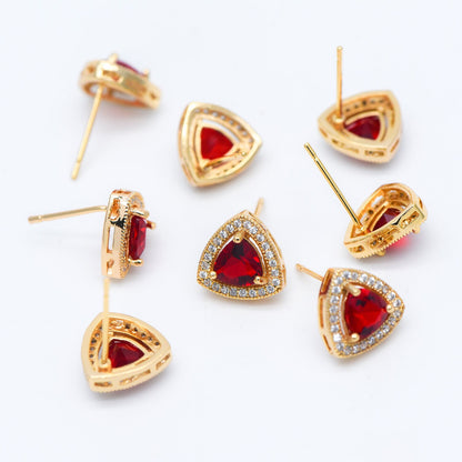 4pcs Red Triangle Stud Earrings, CZ Pave Gold plated Brass Ear Posts 11mm (#GB-571)