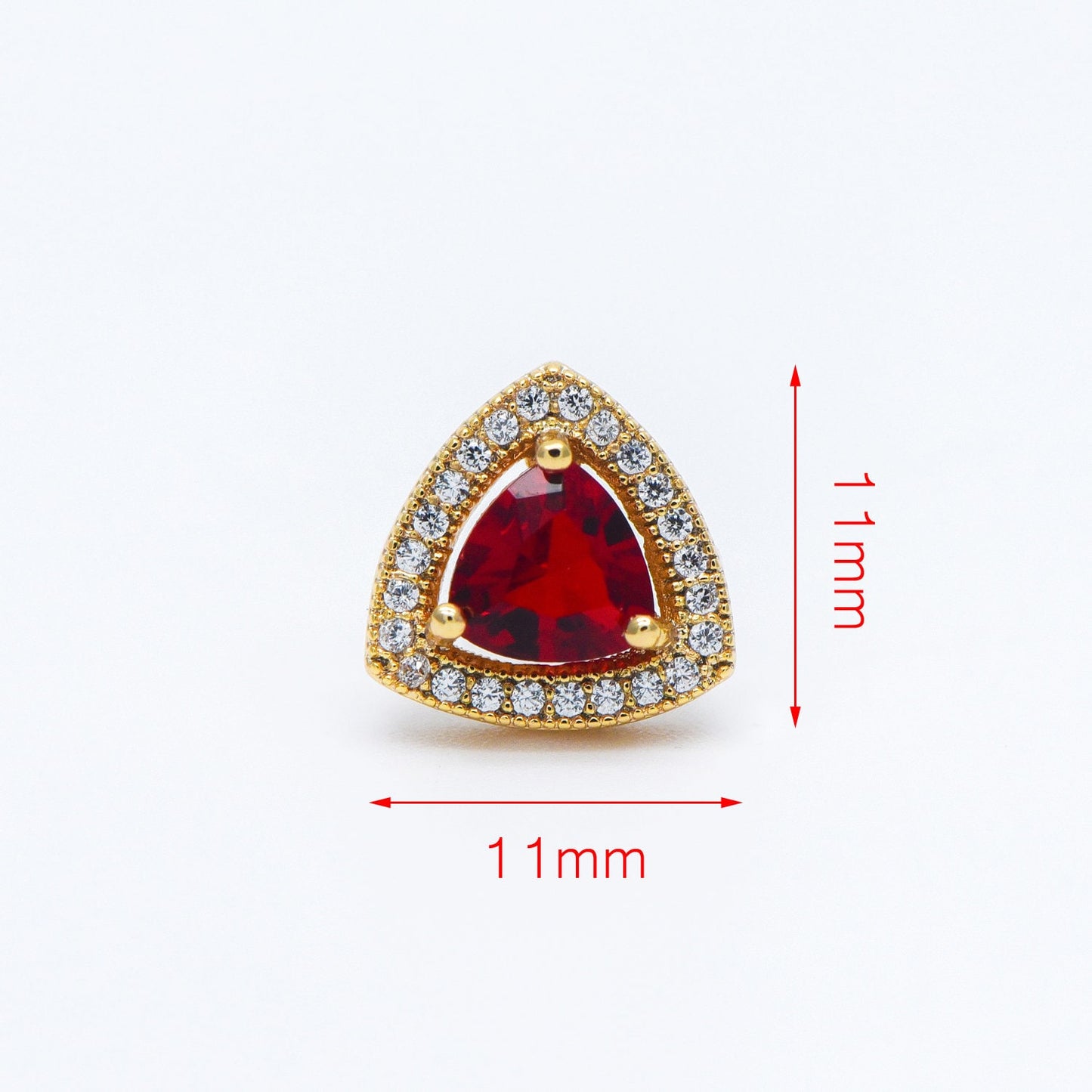 4pcs Red Triangle Stud Earrings, CZ Pave Gold plated Brass Ear Posts 11mm (#GB-571)