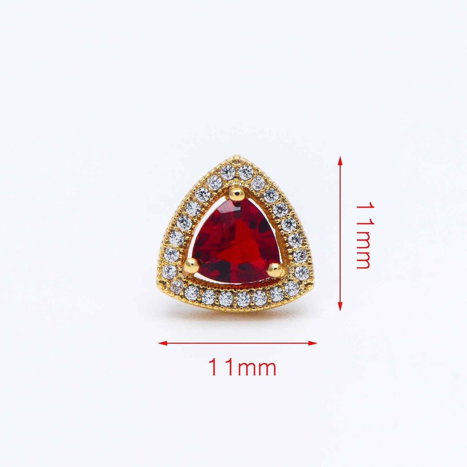 4pcs Red Triangle Stud Earrings, CZ Pave Gold plated Brass Ear Posts 11mm (#GB-571)