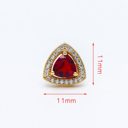 4pcs Red Triangle Stud Earrings, CZ Pave Gold plated Brass Ear Posts 11mm (#GB-571)