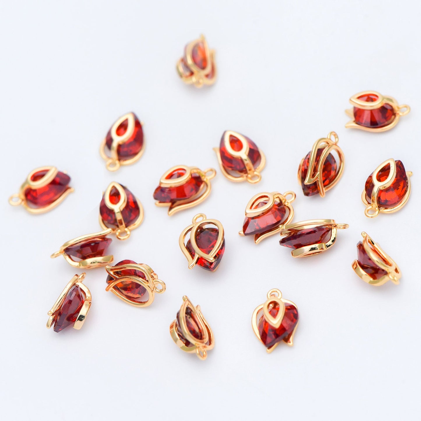 4pcs CZ Paved Gold Flower Charms 12x8mm, Real Gold plated Brass, Red Cubic Zirconia Pendants (GB-3579-A)