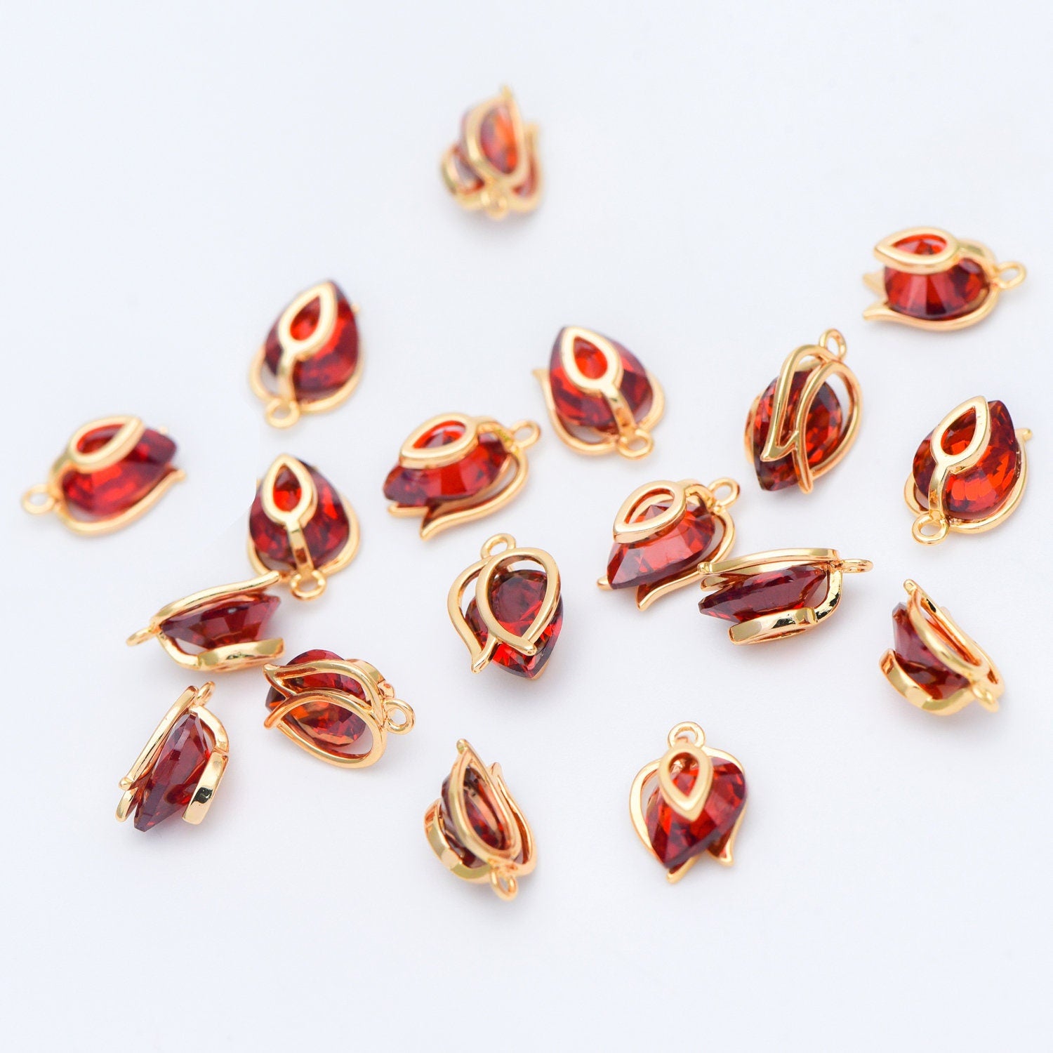 4pcs CZ Paved Gold Flower Charms 12x8mm, Real Gold plated Brass, Red Cubic Zirconia Pendants (GB-3579-A)