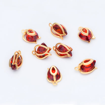 4pcs CZ Paved Gold Flower Charms 12x8mm, Real Gold plated Brass, Red Cubic Zirconia Pendants (GB-3579-A)