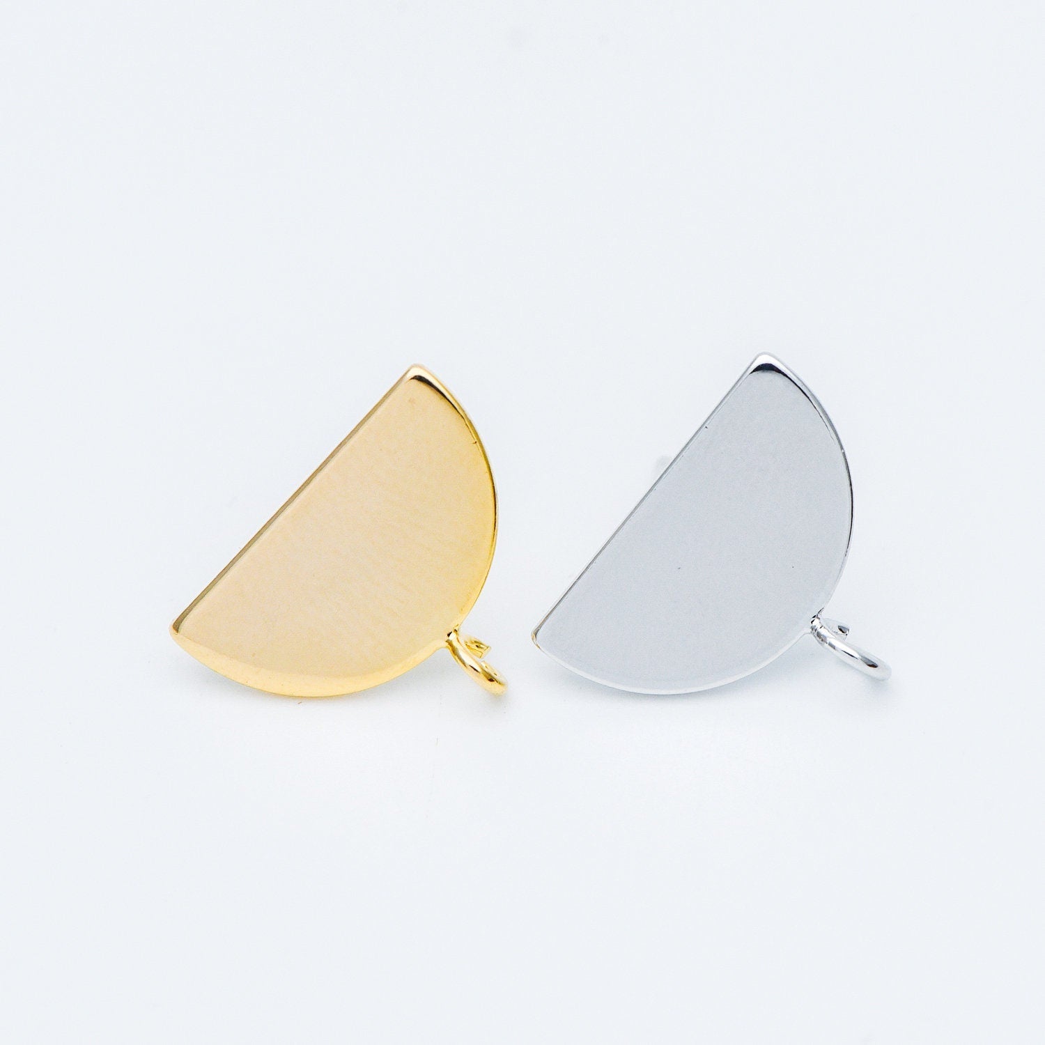 10pcs Gold/ Silver Geometric Ear Posts 16mm, Gold/ Rhodium plated Brass, Semi-circle Half Moon Fan Shaped Stud Earrings (GB-624-B)