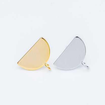 10pcs Gold/ Silver Geometric Ear Posts 16mm, Gold/ Rhodium plated Brass, Semi-circle Half Moon Fan Shaped Stud Earrings (GB-624-B)
