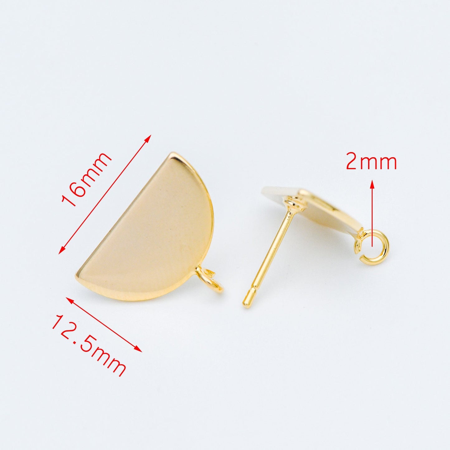 10pcs Gold/ Silver Geometric Ear Posts 16mm, Gold/ Rhodium plated Brass, Semi-circle Half Moon Fan Shaped Stud Earrings (GB-624-B)