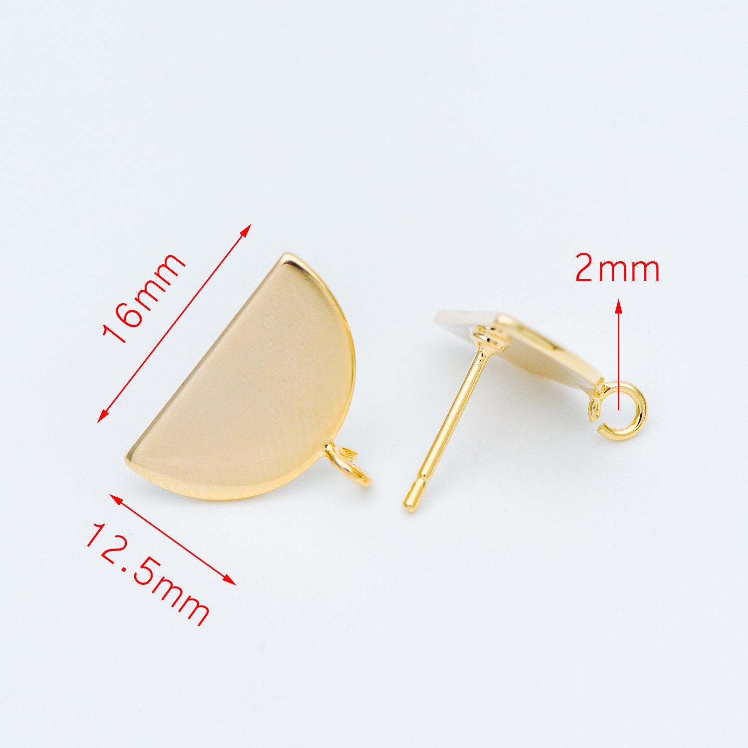 10pcs Gold/ Silver Geometric Ear Posts 16mm, Gold/ Rhodium plated Brass, Semi-circle Half Moon Fan Shaped Stud Earrings (GB-624-B)
