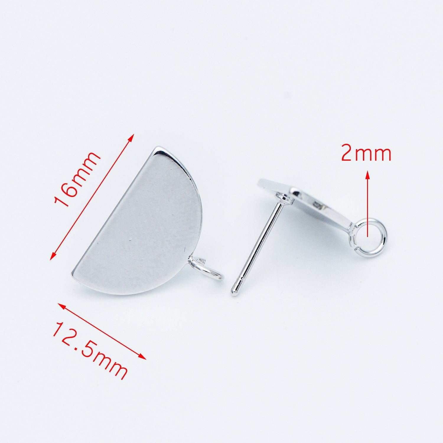 10pcs Gold/ Silver Geometric Ear Posts 16mm, Gold/ Rhodium plated Brass, Semi-circle Half Moon Fan Shaped Stud Earrings (GB-576)