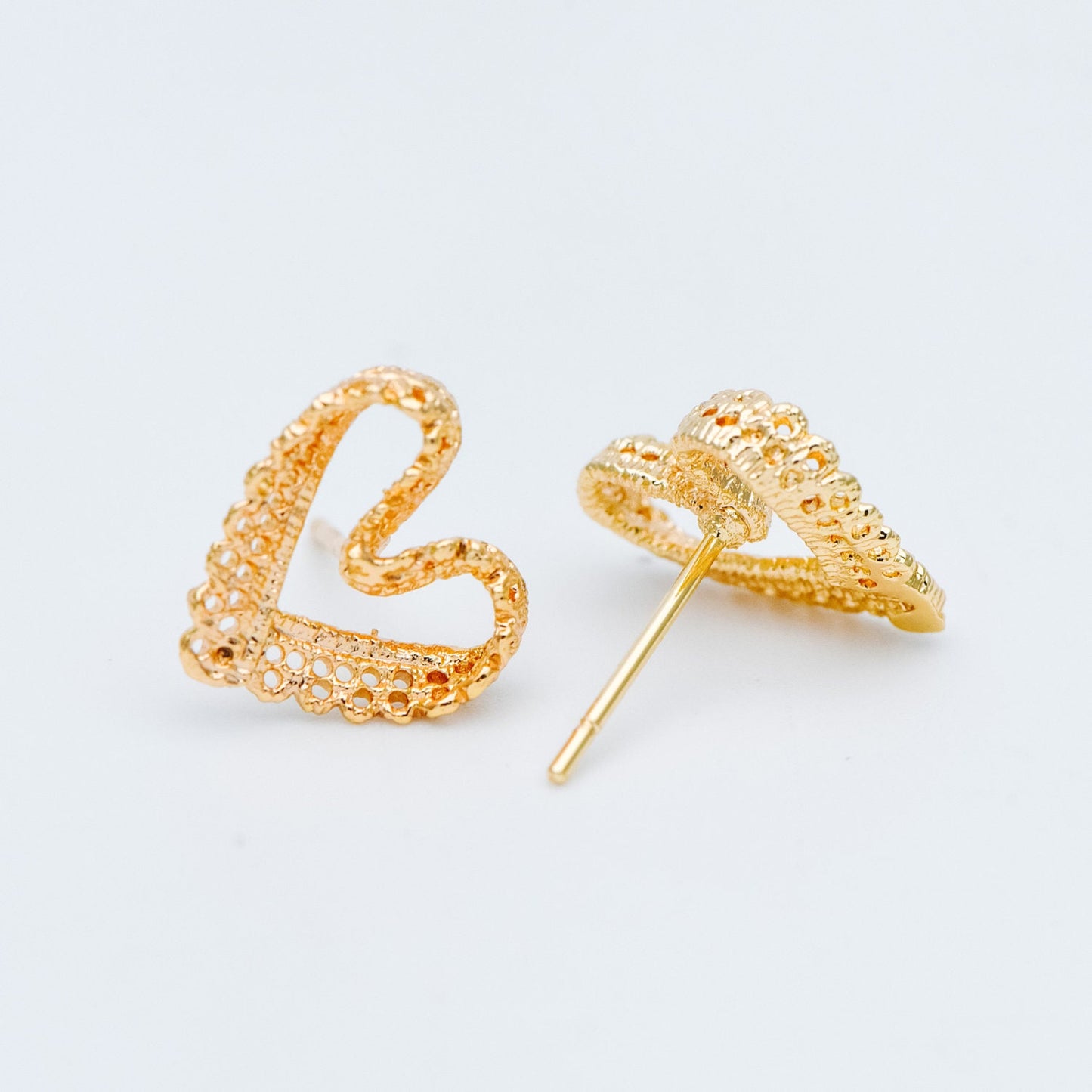10pcs Gold Heart Earring Posts, Filigree Ear Wire Stud Earring 12mm (GB-580)