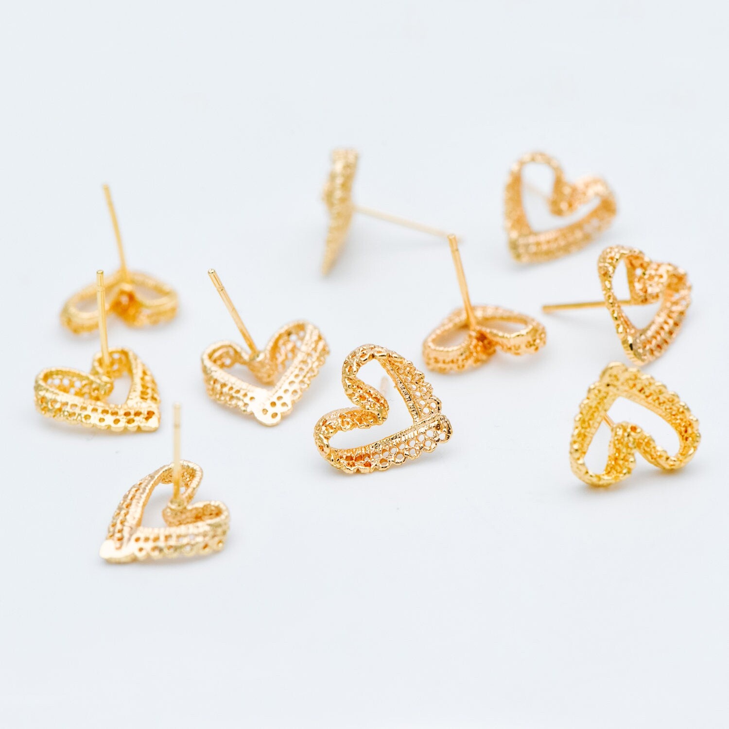10pcs Gold Heart Earring Posts, Filigree Ear Wire Stud Earring 12mm (GB-580)