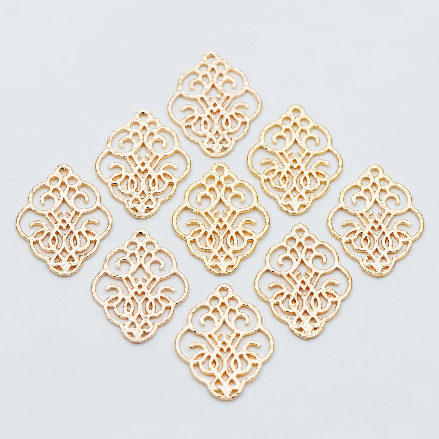 10pcs Gold Filigree Charm Connectors, Gold plated Brass Earring Charms, Necklace Pendants with Loops 28x23mm (GB-583)