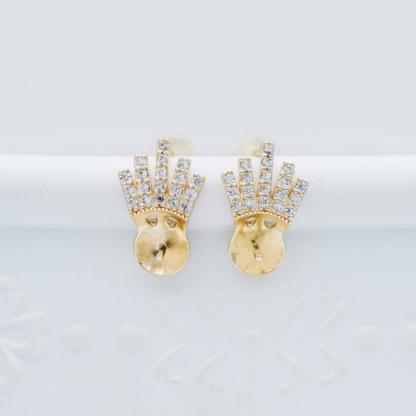 4pcs CZ Pave Gold Ear Posts, Crown Stud Earring, Pearl Peg Mounts, Half Drilled Pearl Settings (#GB-589)