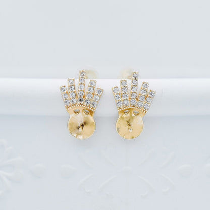 4pcs CZ Pave Gold Ear Posts, Crown Stud Earring, Pearl Peg Mounts, Half Drilled Pearl Settings (#GB-589)