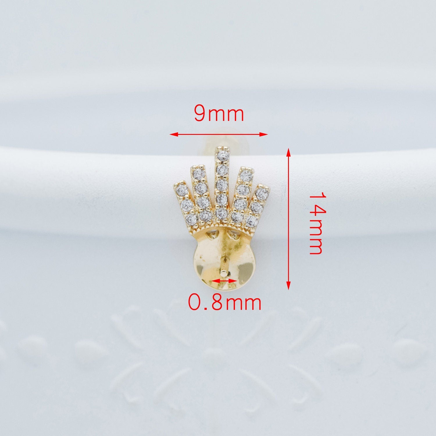 4pcs CZ Pave Gold Ear Posts, Crown Stud Earring, Pearl Peg Mounts, Half Drilled Pearl Settings (#GB-589)