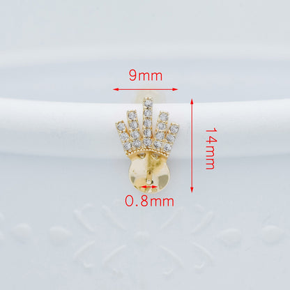 4pcs CZ Pave Gold Ear Posts, Crown Stud Earring, Pearl Peg Mounts, Half Drilled Pearl Settings (#GB-589)