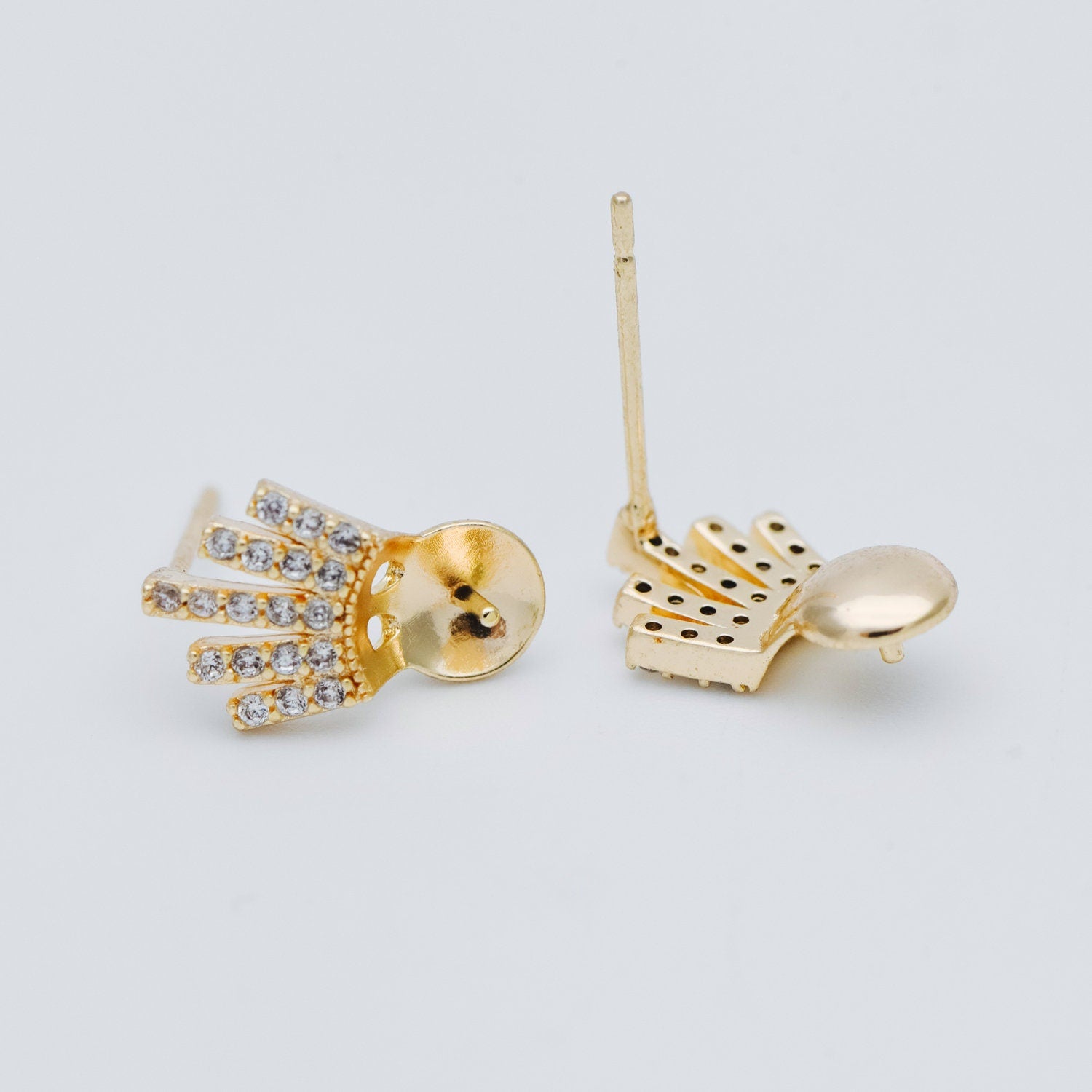 4pcs CZ Pave Gold Ear Posts, Crown Stud Earring, Pearl Peg Mounts, Half Drilled Pearl Settings (#GB-589)