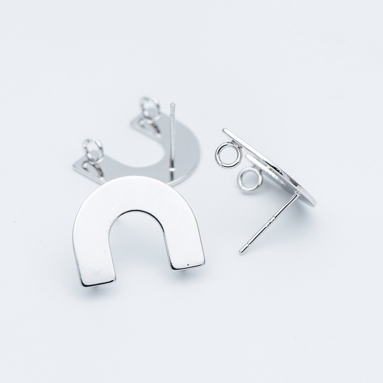 10pcs Gold/ Silver tone Horseshoe Stud Earrings, Real Rhodium plated Brass, U-shaped Ear Posts with Ring/Loop (GB-595)