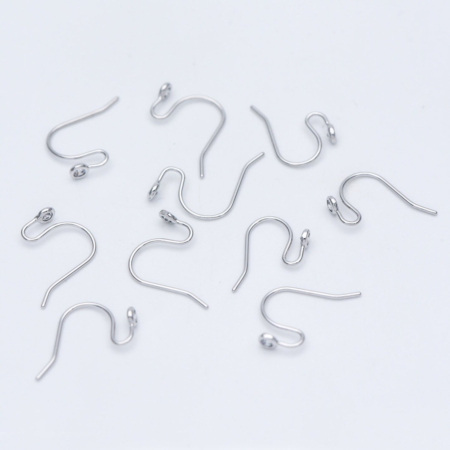 10pcs CZ Pave Gold/ Silver tone Earring Hooks, Real Gold/ Rhodium plated Brass, Simple Earwires with CZ End 15mm (GB-599)
