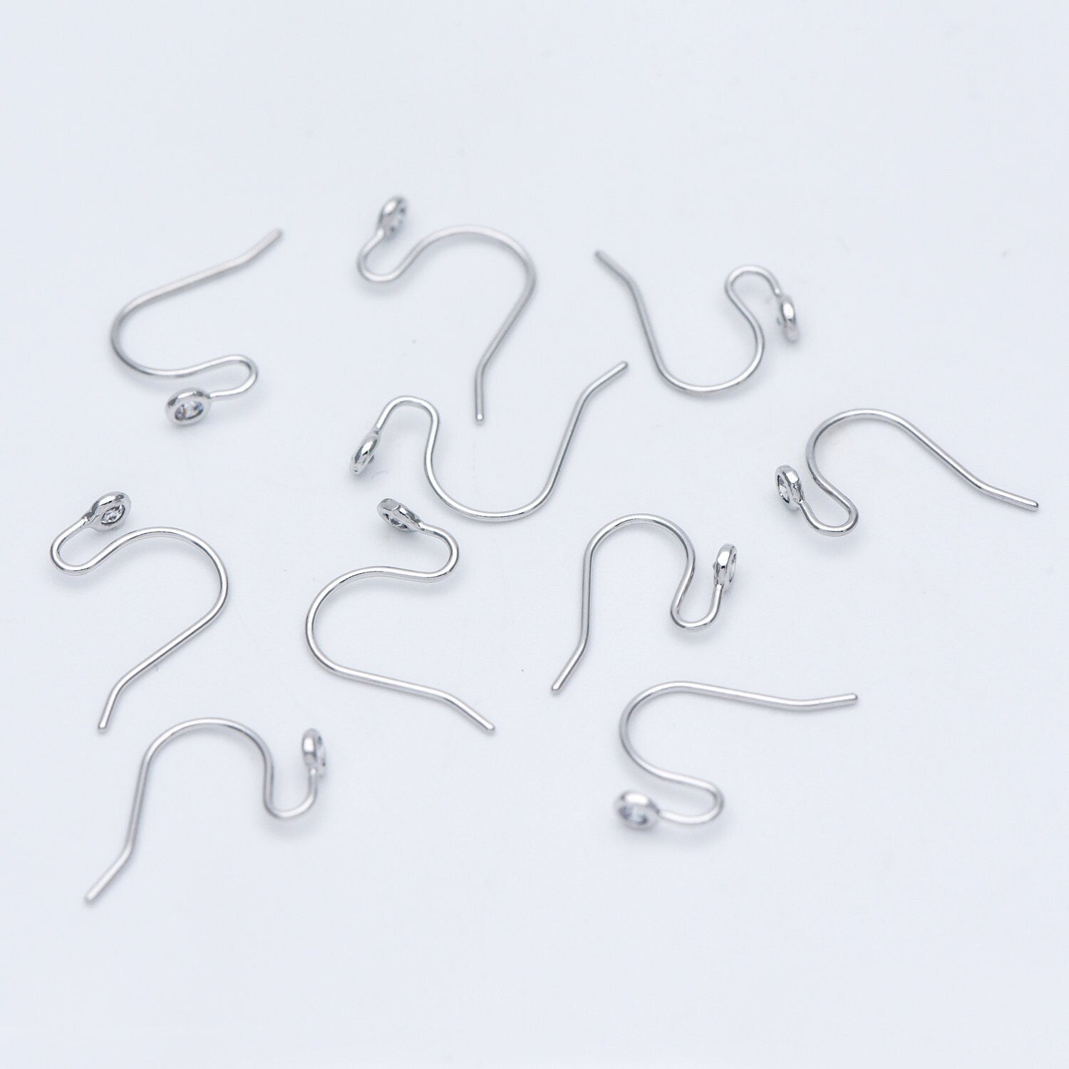 10pcs CZ Pave Gold/ Silver tone Earring Hooks, Real Gold/ Rhodium plated Brass, Simple Earwires with CZ End 15mm (GB-599)