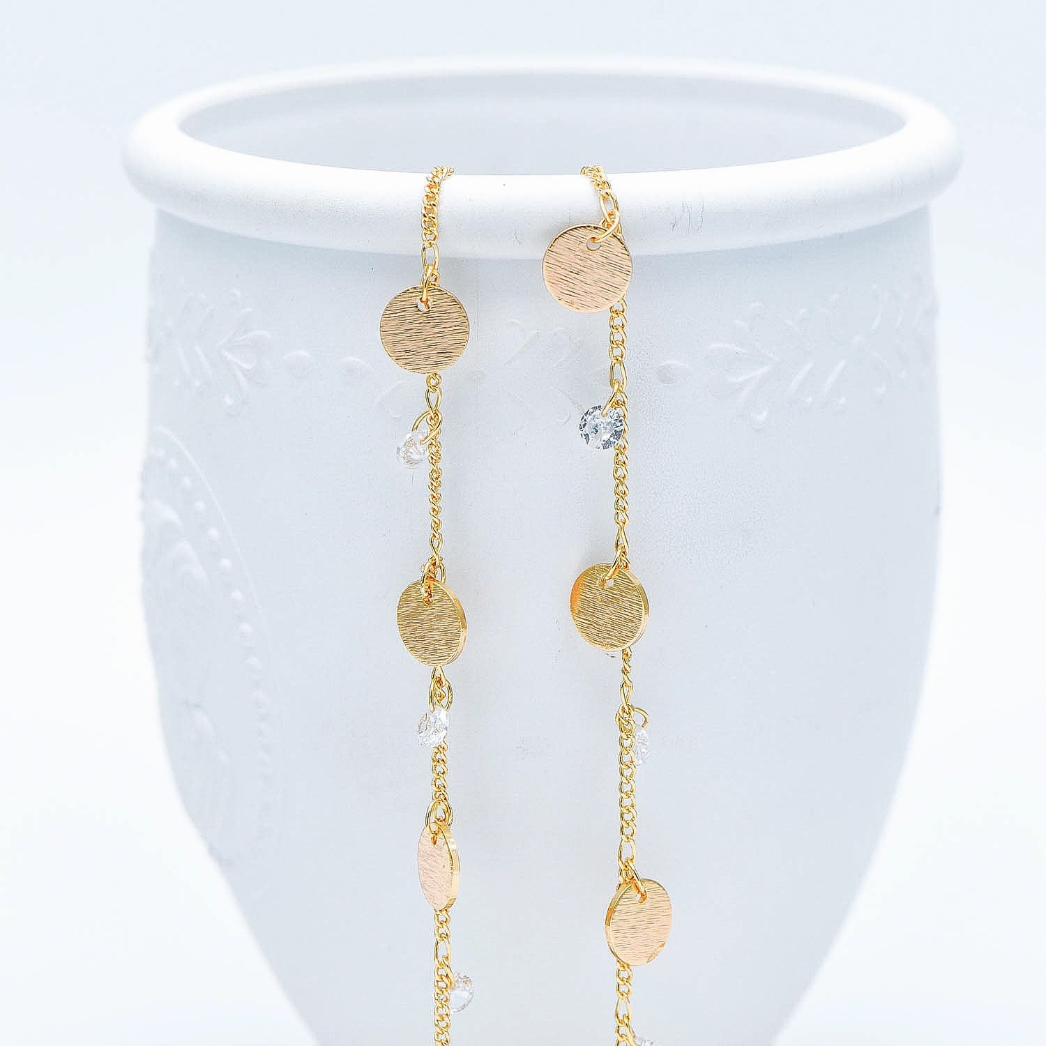 Gold Chain with Disc and CZ Charms, Curb Chain with Brushed Gold Disk, Lead Nickel Free (#LK-220-1)/ 1 Meter=3.3ft