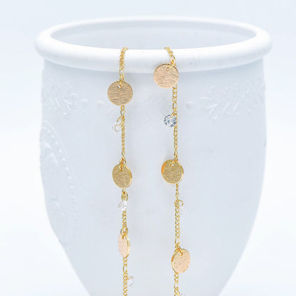 Gold Chain with Disc and CZ Charms, Curb Chain with Brushed Gold Disk, Lead Nickel Free (#LK-220-1)/ 1 Meter=3.3ft