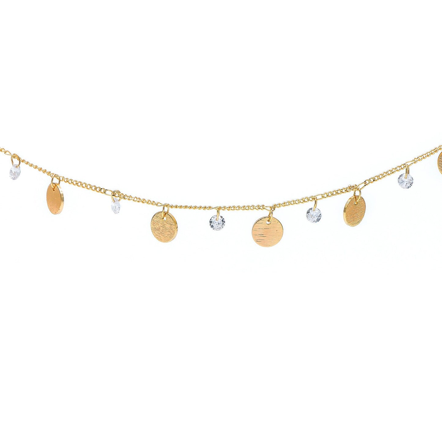 Gold Chain with Disc and CZ Charms, Curb Chain with Brushed Gold Disk, Lead Nickel Free (#LK-220-1)/ 1 Meter=3.3ft