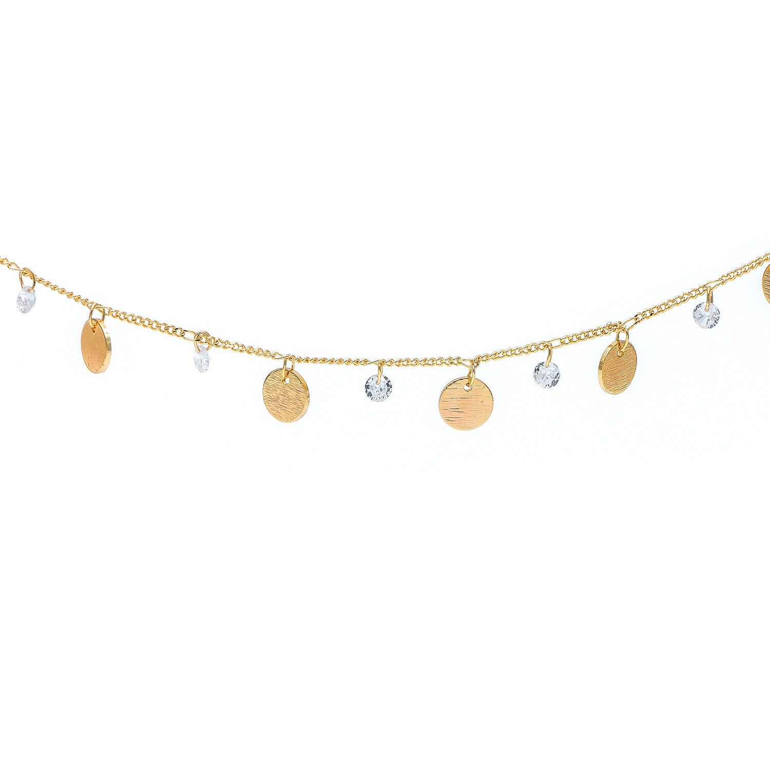 Gold Chain with Disc and CZ Charms, Curb Chain with Brushed Gold Disk, Lead Nickel Free (#LK-220-1)/ 1 Meter=3.3ft