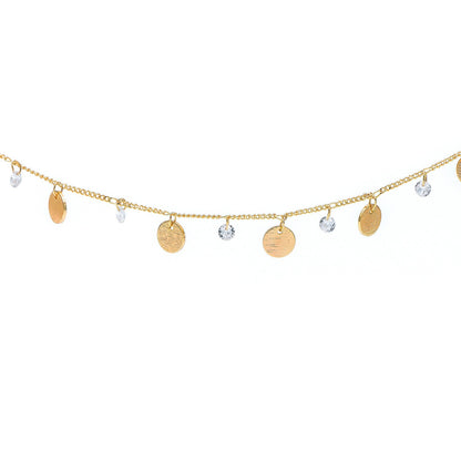 Gold Chain with Disc and CZ Charms, Curb Chain with Brushed Gold Disk, Lead Nickel Free (#LK-220-1)/ 1 Meter=3.3ft