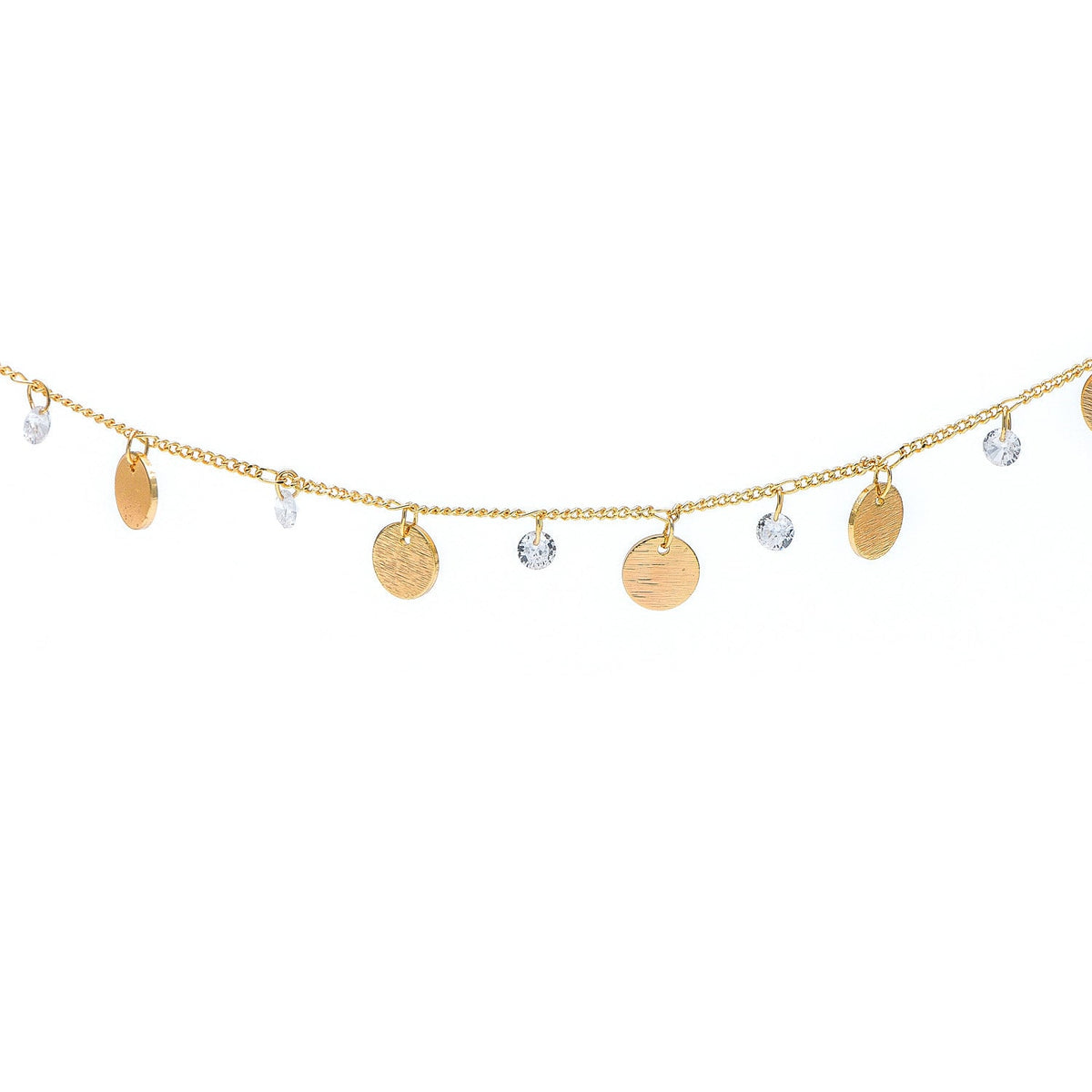 Gold Chain with Disc and CZ Charms, Curb Chain with Brushed Gold Disk, Lead Nickel Free (#LK-220-1)/ 1 Meter=3.3ft