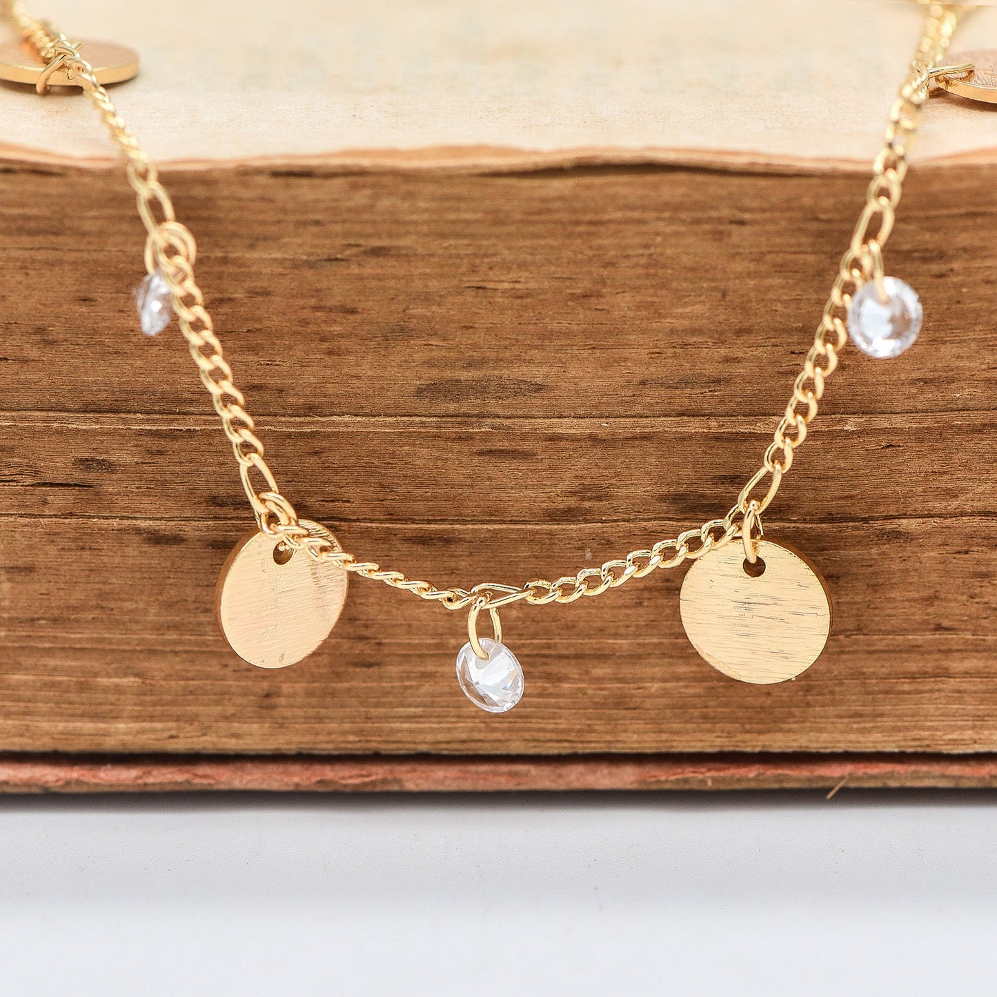 Gold Chain with Disc and CZ Charms, Curb Chain with Brushed Gold Disk, Lead Nickel Free (#LK-220-1)/ 1 Meter=3.3ft