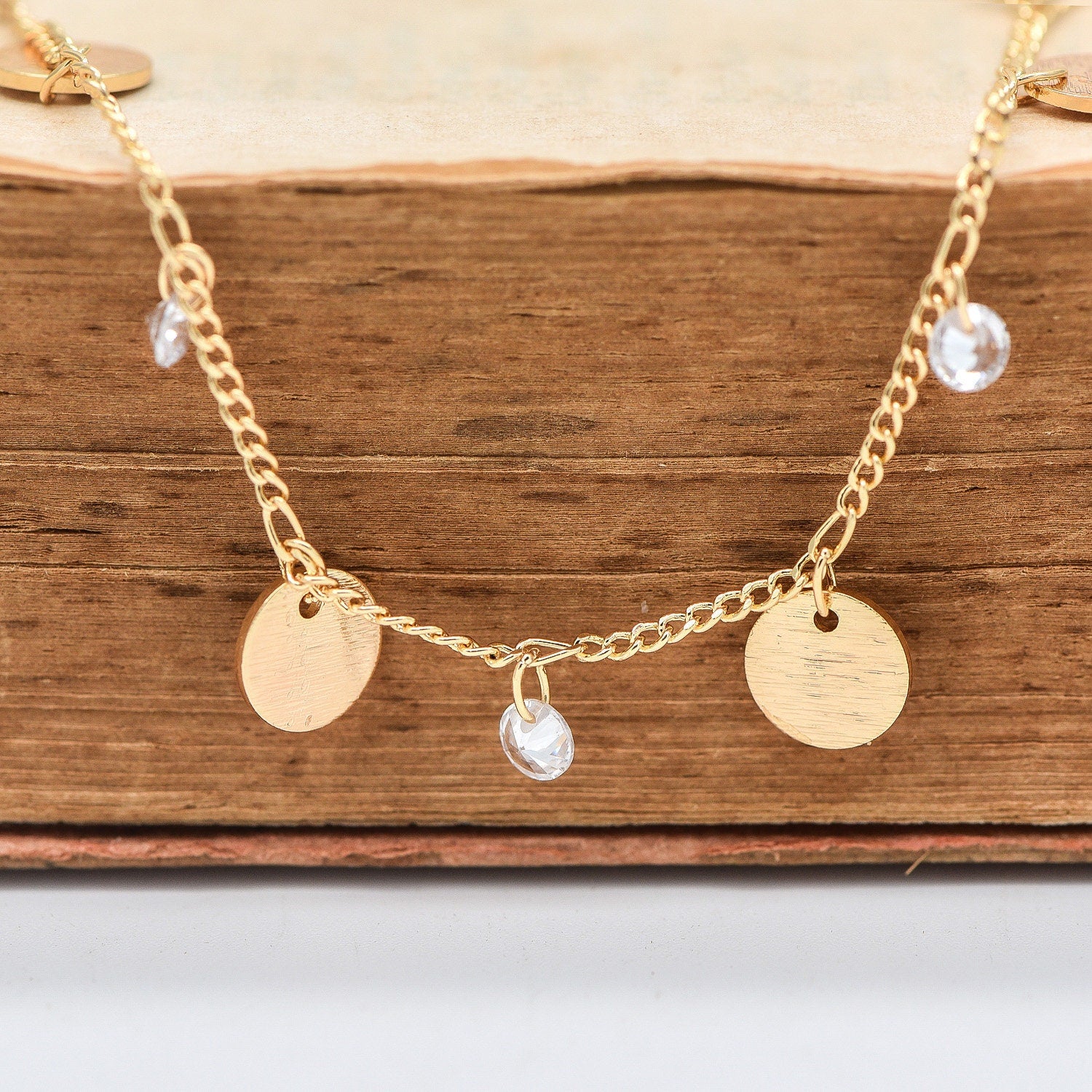 Gold Chain with Disc and CZ Charms, Curb Chain with Brushed Gold Disk, Lead Nickel Free (#LK-220-1)/ 1 Meter=3.3ft