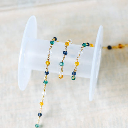 Glass Rondelle Bead Chain 3.5mm, 18K Gold plated on Brass Beaded Chains, Multi Colors Crystal (#LK-221-1)/ 1 Meter=3.3ft