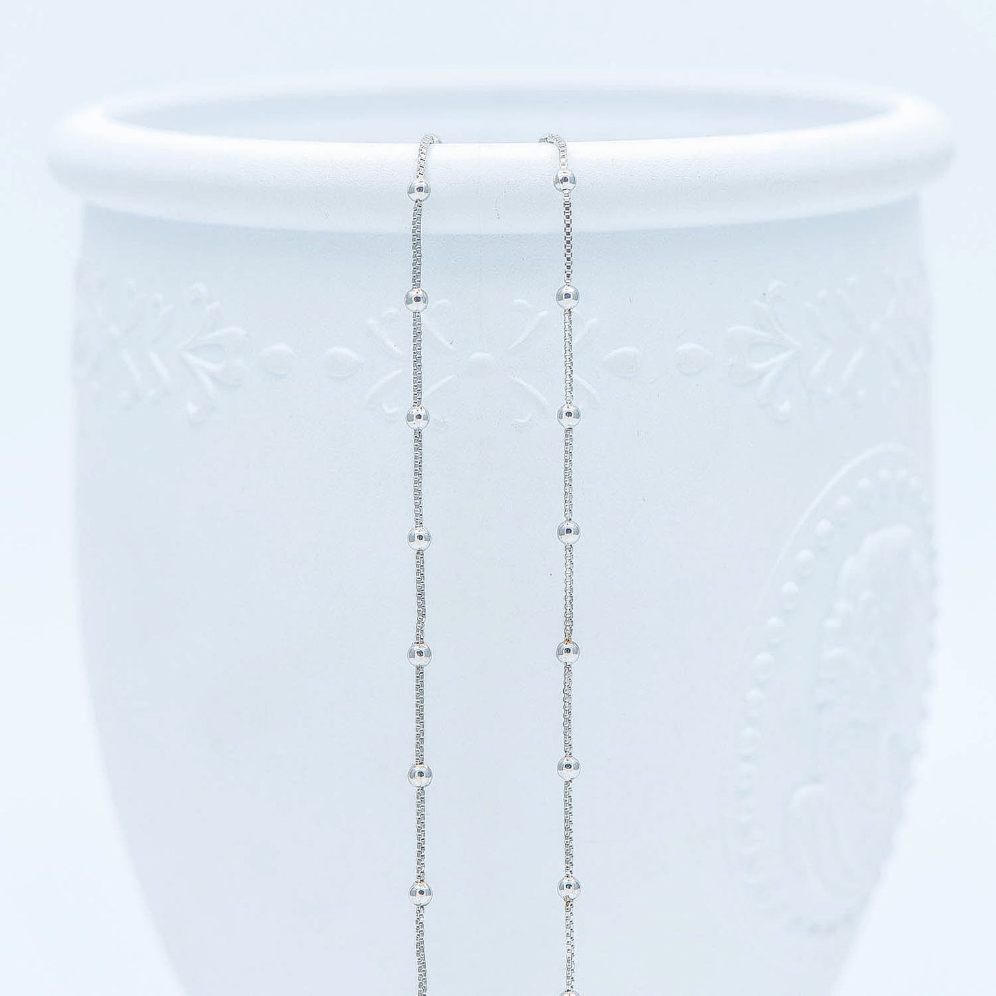 Silver tone Box Chain with 2mm Round Beads, Rhodium plated Brass Ball Chain (#LK-230-2)/ 1 Meter=3.3 ft