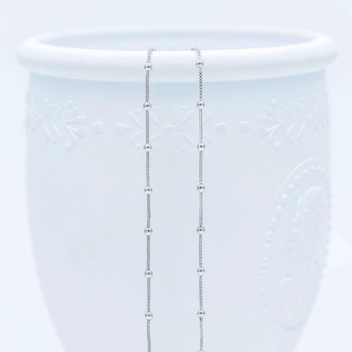 Silver tone Box Chain with 2mm Round Beads, Rhodium plated Brass Ball Chain (#LK-230-2)/ 1 Meter=3.3 ft