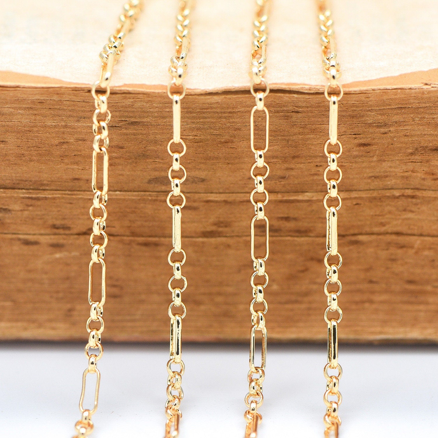 Gold plated Brass Figaro Chains 2.3mm, Long and Short Link Chains (#LK-235-1)/ 1 Meter=3.3 ft