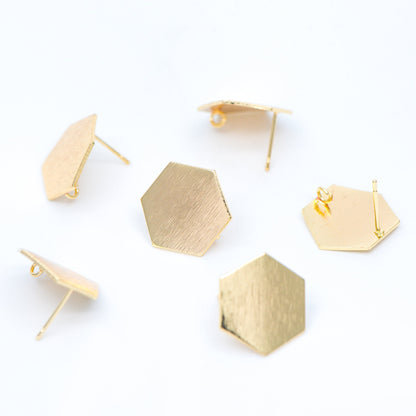 10pcs Brushed Gold Ear Post with Loops Real Gold Plated Brass, Hexagon Geometric Stud Earrings (GB-644)