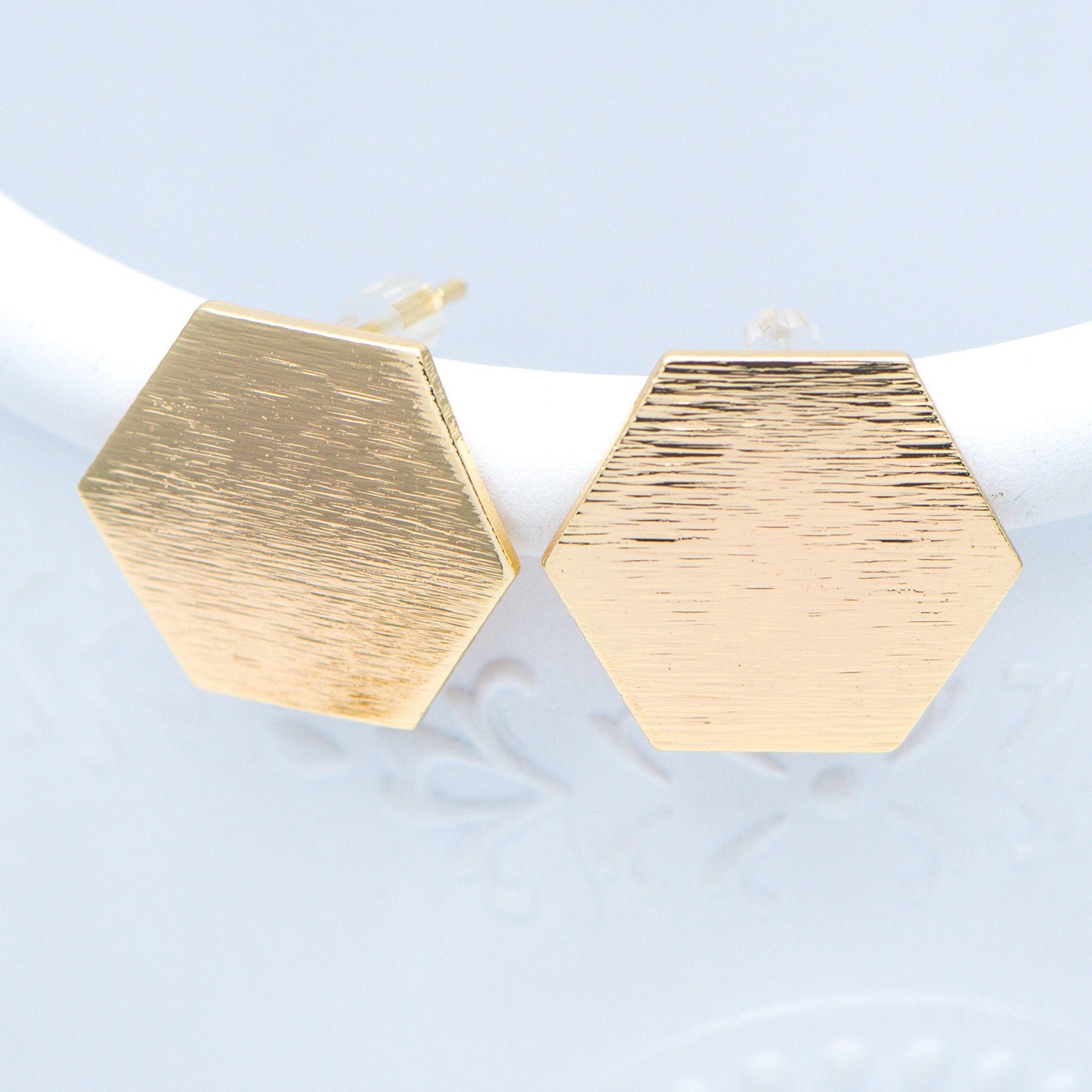 10pcs Brushed Gold Ear Post with Loops Real Gold Plated Brass, Hexagon Geometric Stud Earrings (GB-644)