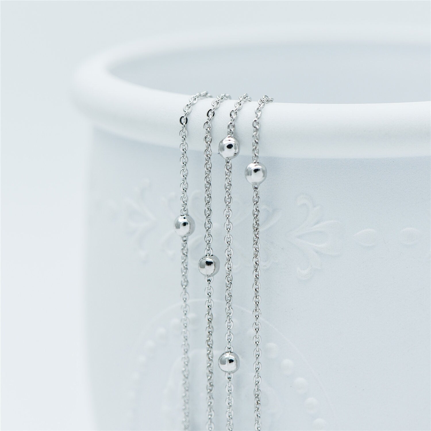 Silver tone Satellite Chains, 1.2mm Chain with 3mm Round Beads, Rhodium plated Brass Beaded Cable Chain (#LK-225-2)/ 1 Meter=3.3 ft