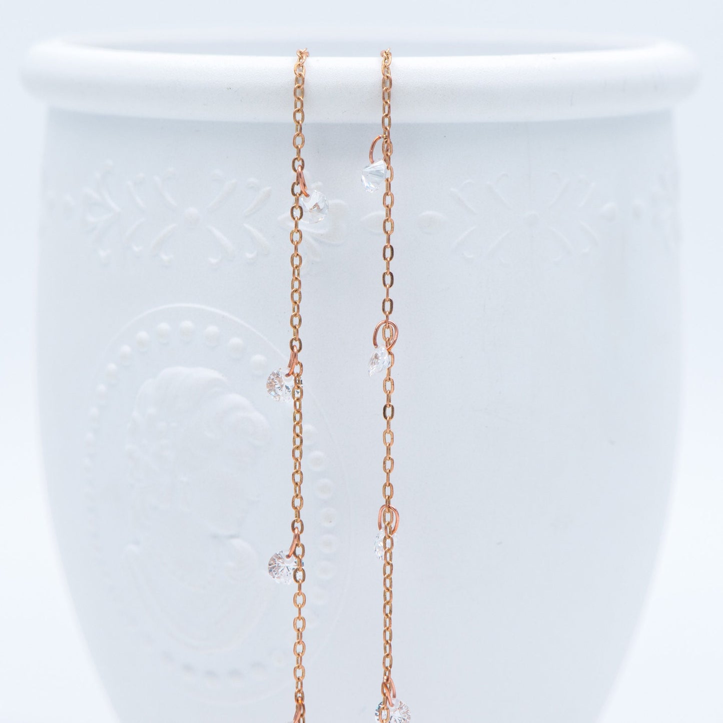 Raw Brass Cable Chains with Clear CZ Charms, Unplated Brass Beaded Chains (#LK-223-RB)/ 1 Meter=3.3 ft