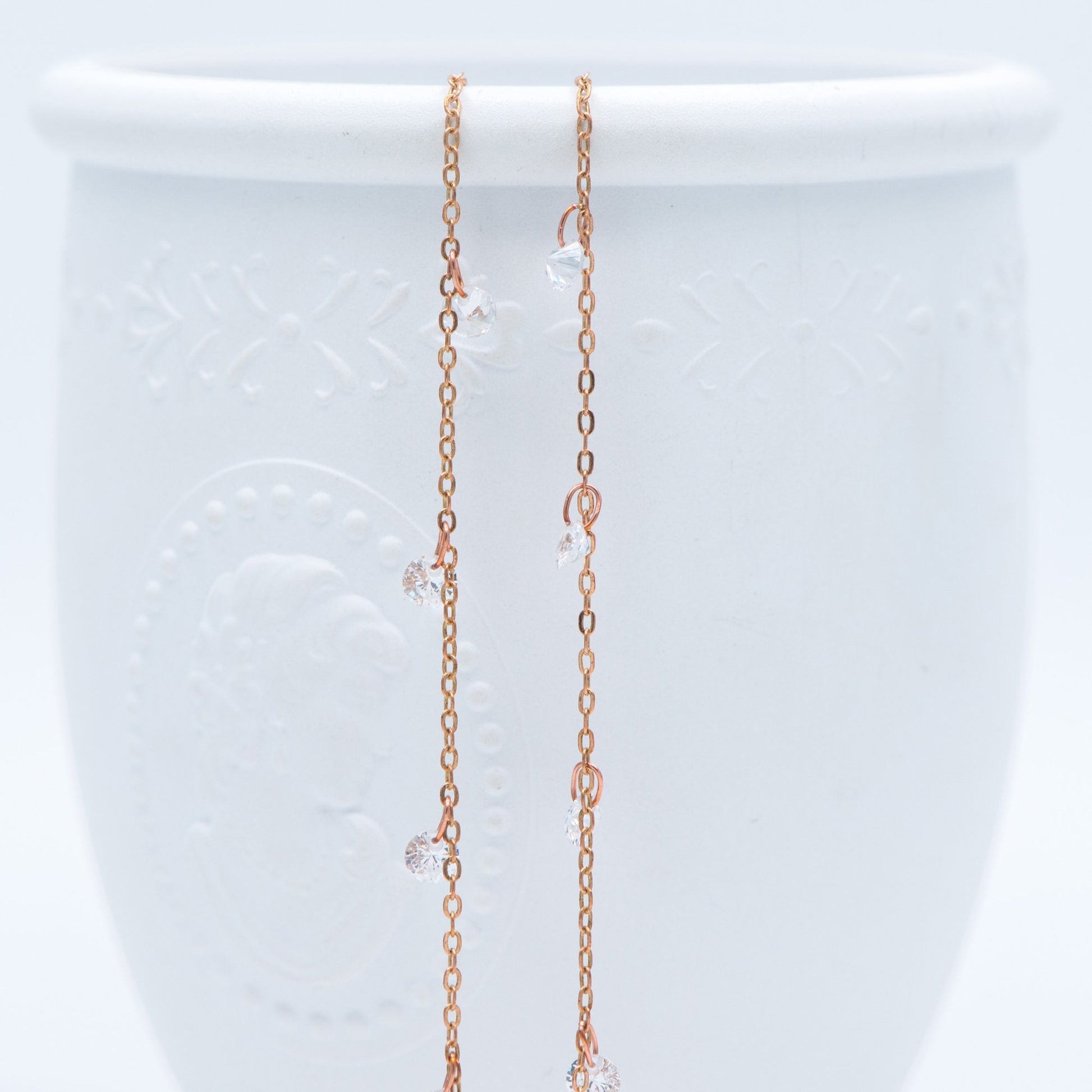 Raw Brass Cable Chains with Clear CZ Charms, Unplated Brass Beaded Chains (#LK-223-RB)/ 1 Meter=3.3 ft