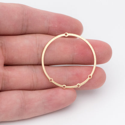 10pcs Raw Brass Circle Charms 33mm, Round Loop Pendants, Multi Hole Connectors (RB-160)