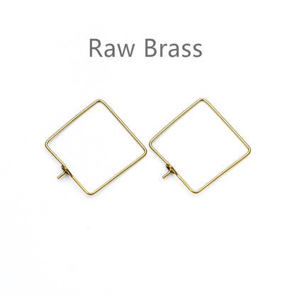 50pcs Raw Brass Square Earring Hoops 22mm, Geometric Ear Wire Charm Pendants, Threader Earring Components (RB-168)