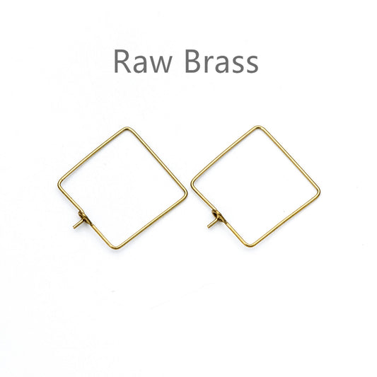 50pcs Raw Brass Square Earring Hoops 22mm, Geometric Ear Wire Charm Pendants, Threader Earring Components (RB-168)