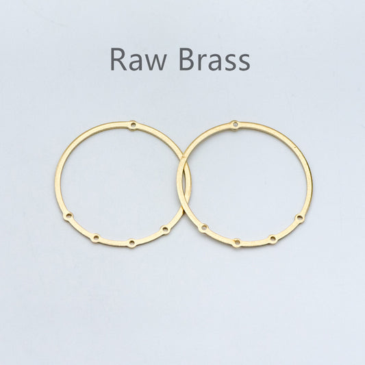 10pcs Raw Brass Circle Charms 33mm, Round Loop Pendants, Multi Hole Connectors (RB-160)