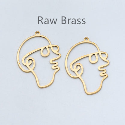 10pcs Raw Brass Face Outline Charms 35x26mm, Vintage Styled Face Pendants Wholesale (RB-142)
