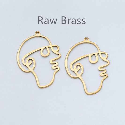 10pcs Raw Brass Face Outline Charms 35x26mm, Vintage Styled Face Pendants Wholesale (RB-142)