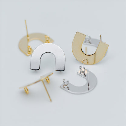10pcs Gold/ Silver tone Horseshoe Stud Earrings, Real Rhodium plated Brass, U-shaped Ear Posts with Ring/Loop (GB-595)