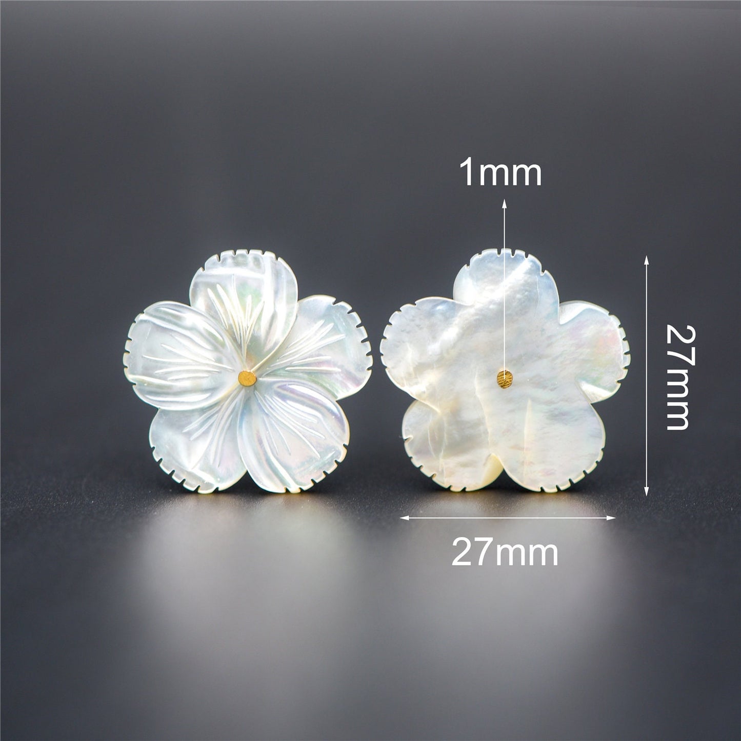 10pcs White Mother of Pearl Shell Flowers 27mm, Large MOP Carved Flowers, Center Drilled -(V1338)