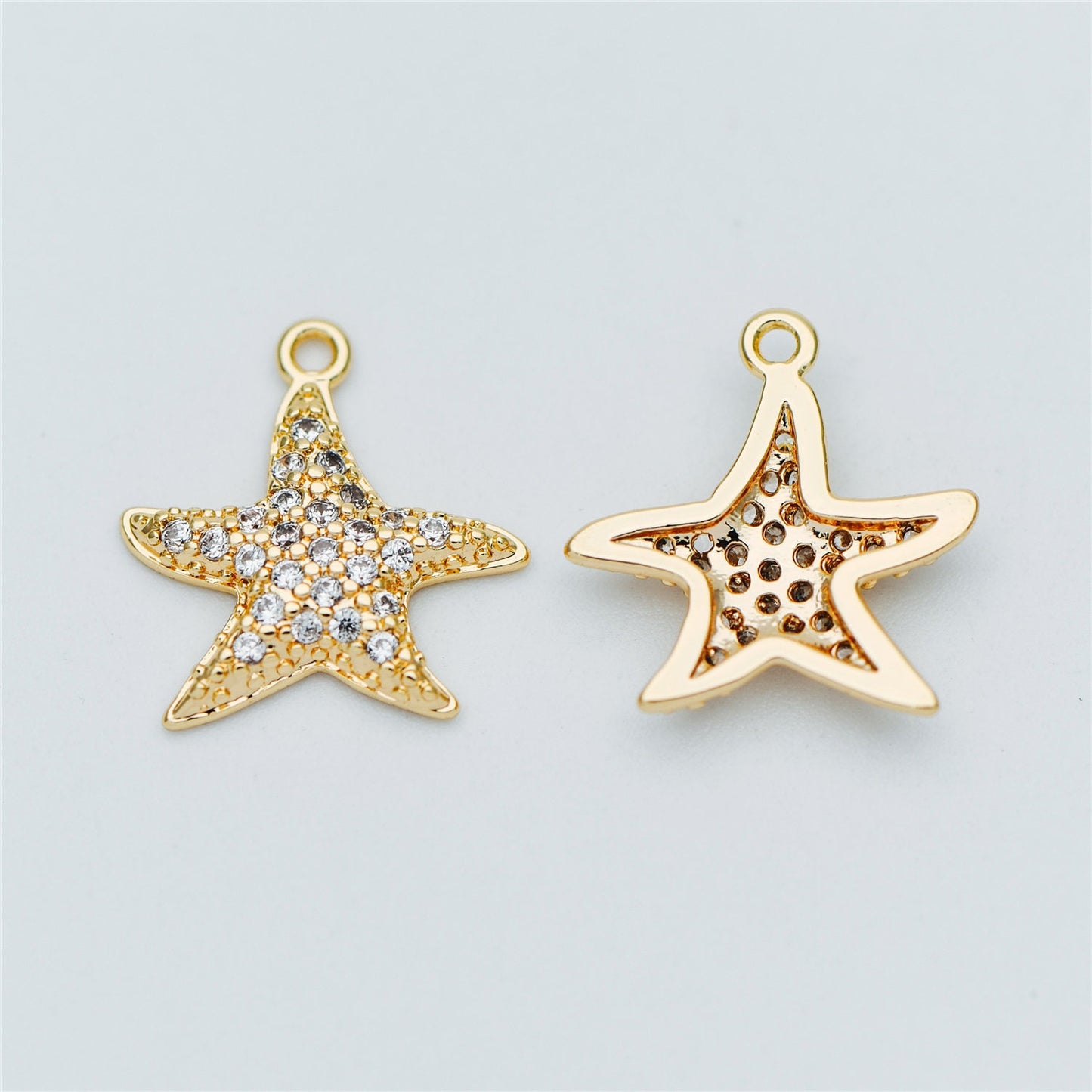 4pcs CZ Pave Gold Starfish Charms 15mm, Real 18K Gold plated Brass Star Pendants (GB-722-B)