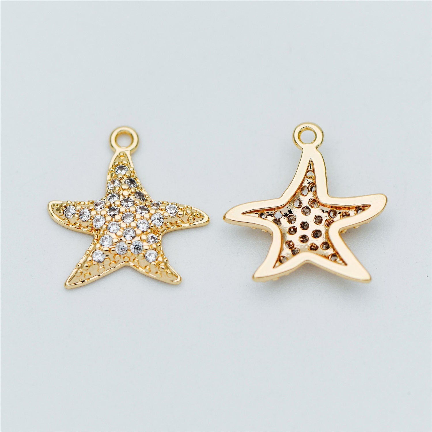 4pcs CZ Pave Gold Starfish Charms 15mm, Real 18K Gold plated Brass Star Pendants (GB-722-B)